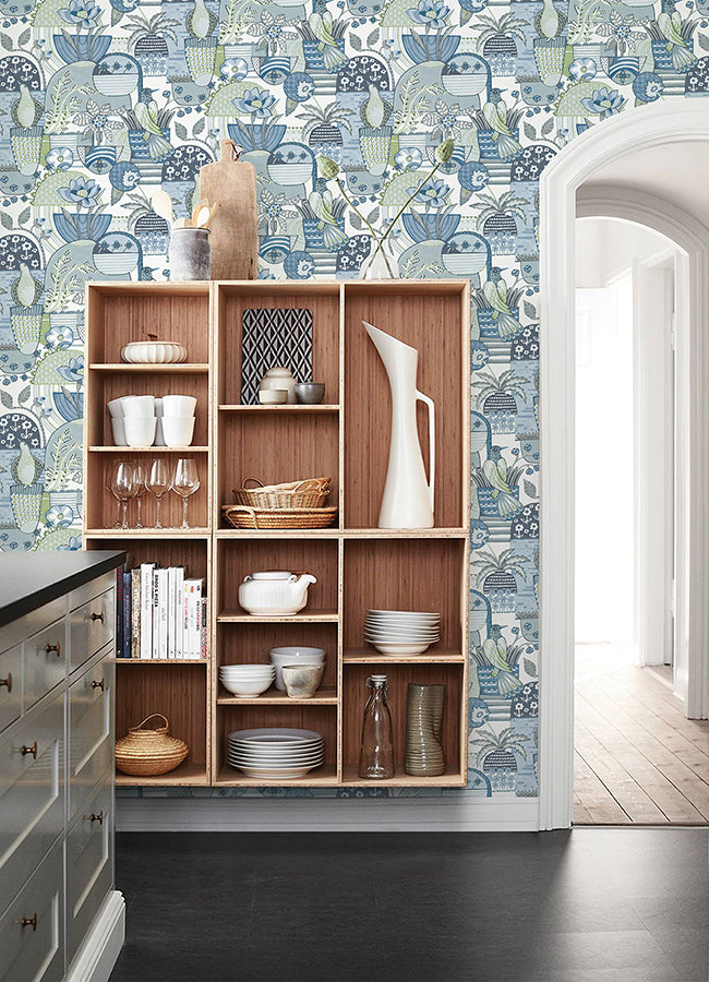 Fika Blue Blissful Birds & Blooms Wallpaper - Brewster Wallcovering