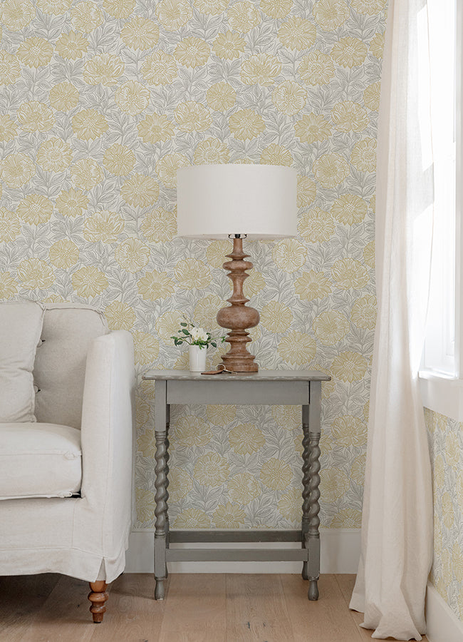 Faustin Yellow Floral Wallpaper - Brewster Wallcovering