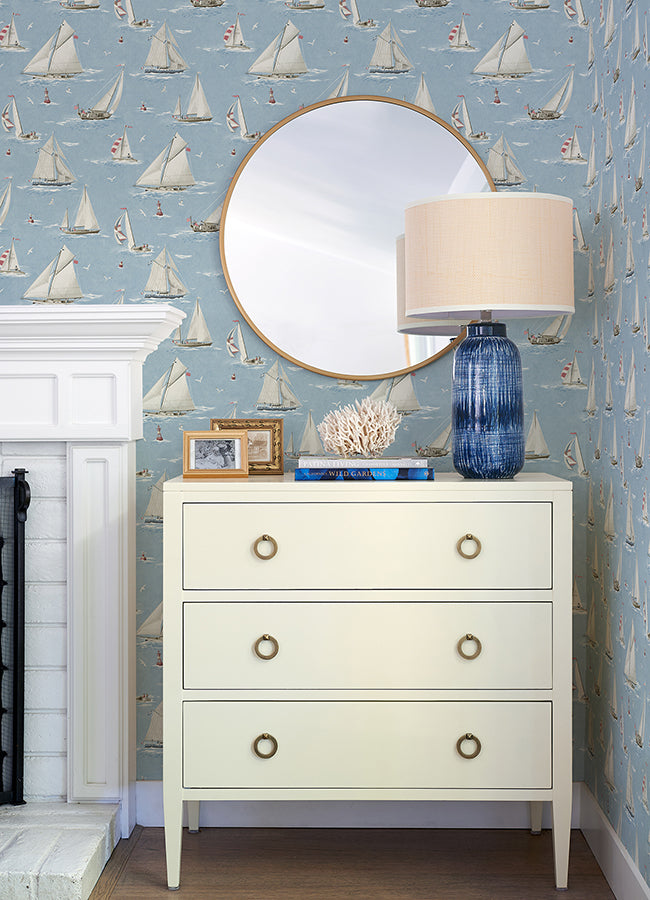 Leeward Light Blue Sailboat Wallpaper - Brewster Wallcovering