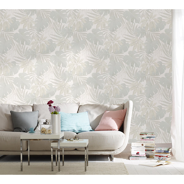 Nona Cream Tropical Leaves Wallpaper - Brewster Wallcovering