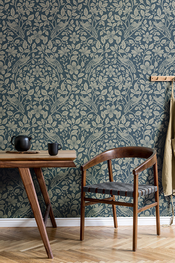 Marlow Dark Blue Bird Vine Wallpaper - Brewster Wallcovering