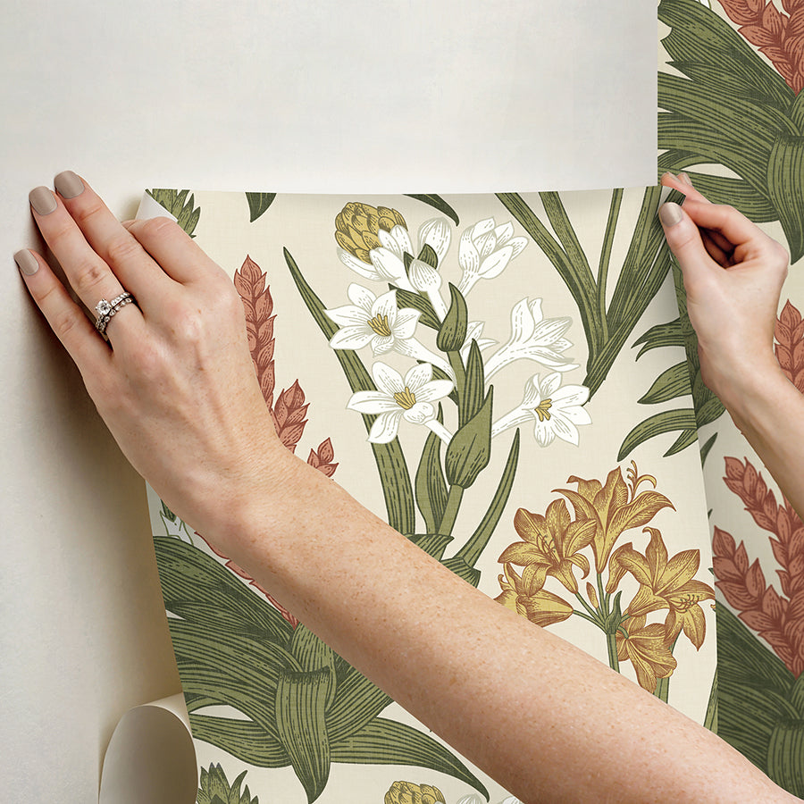 Linen & Olive Blooming Villa Peel and Stick Wallpaper - Brewster Wallcovering