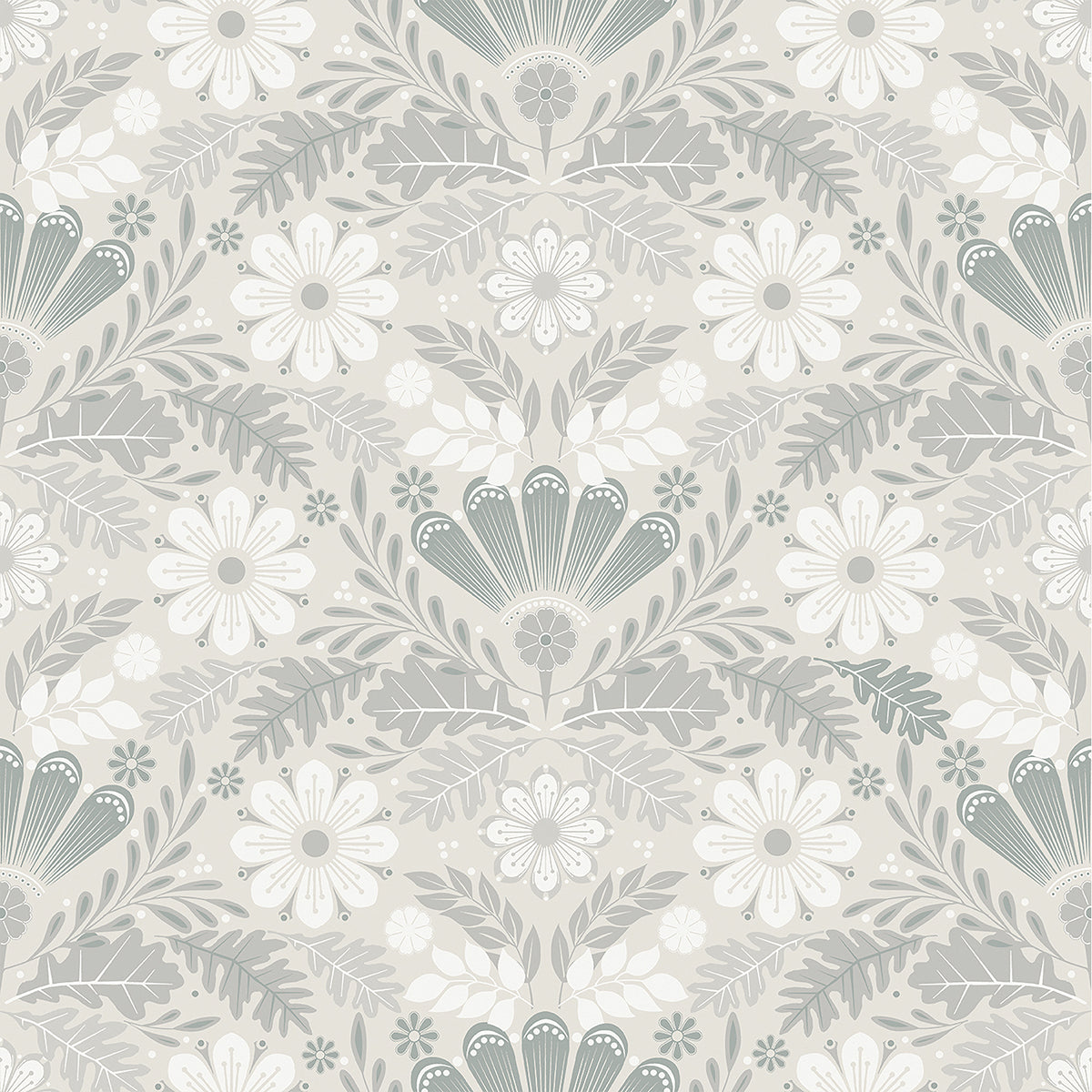 Picture of Klockrike Light Grey Botanical Damask Wallpaper