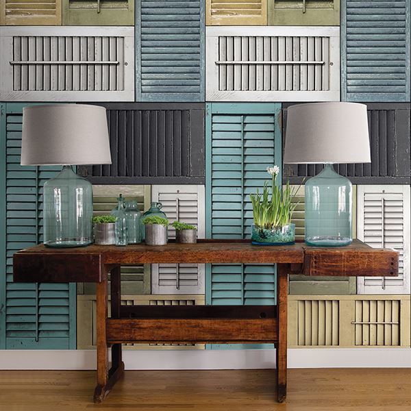 Salvaged Shutter Mural Blue Distressed Wood - Brewster Wallcovering