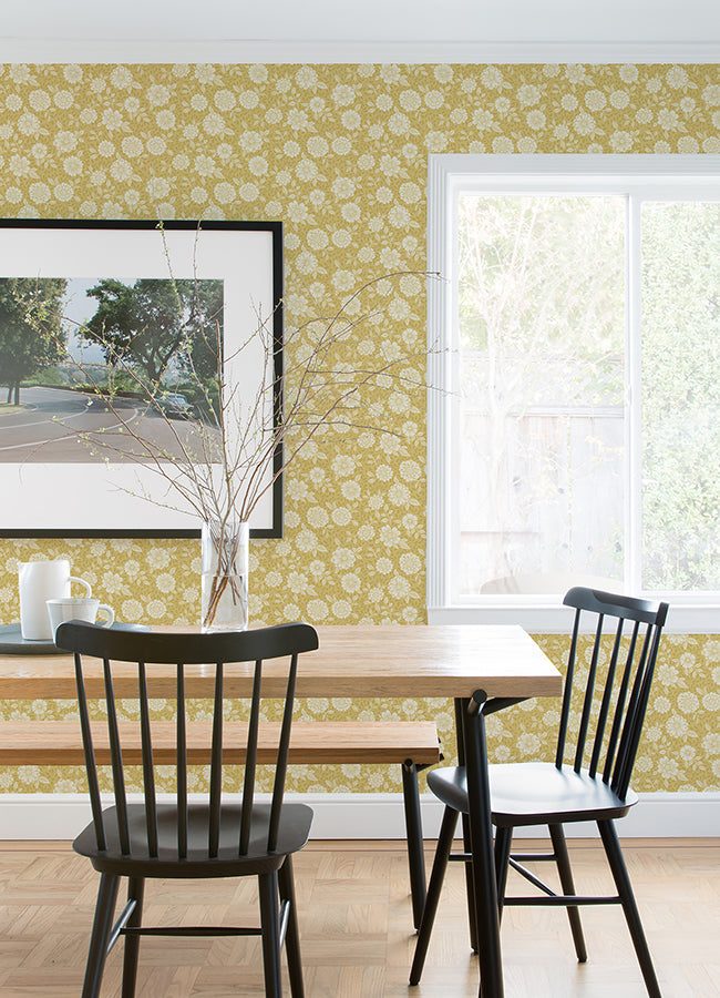 Lizette Mustard Charming Floral Wallpaper - Brewster Wallcovering