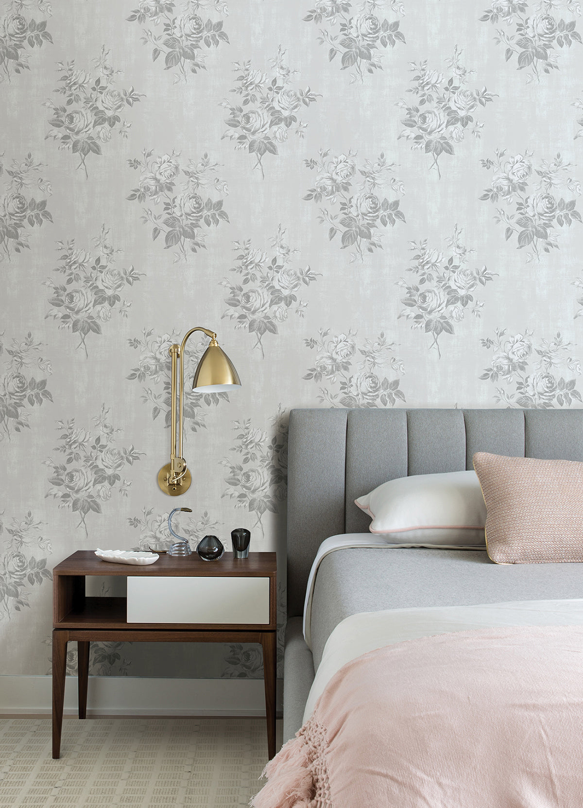 Grey Rosecliff Flower Peel and Stick Wallpaper - Brewster Wallcovering