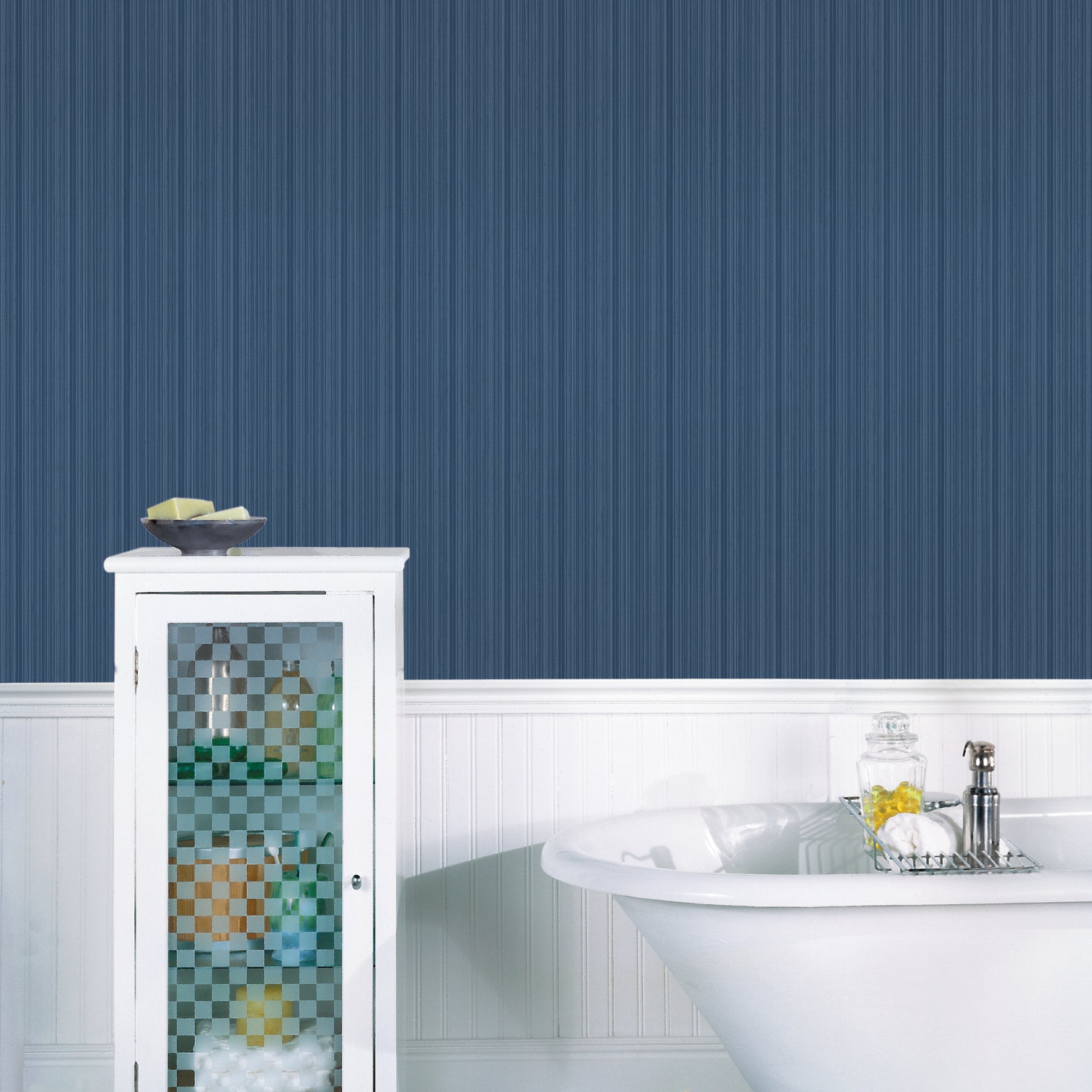 Sebasco Denim Vertical Pinstripe Wallpaper - Brewster Wallcovering