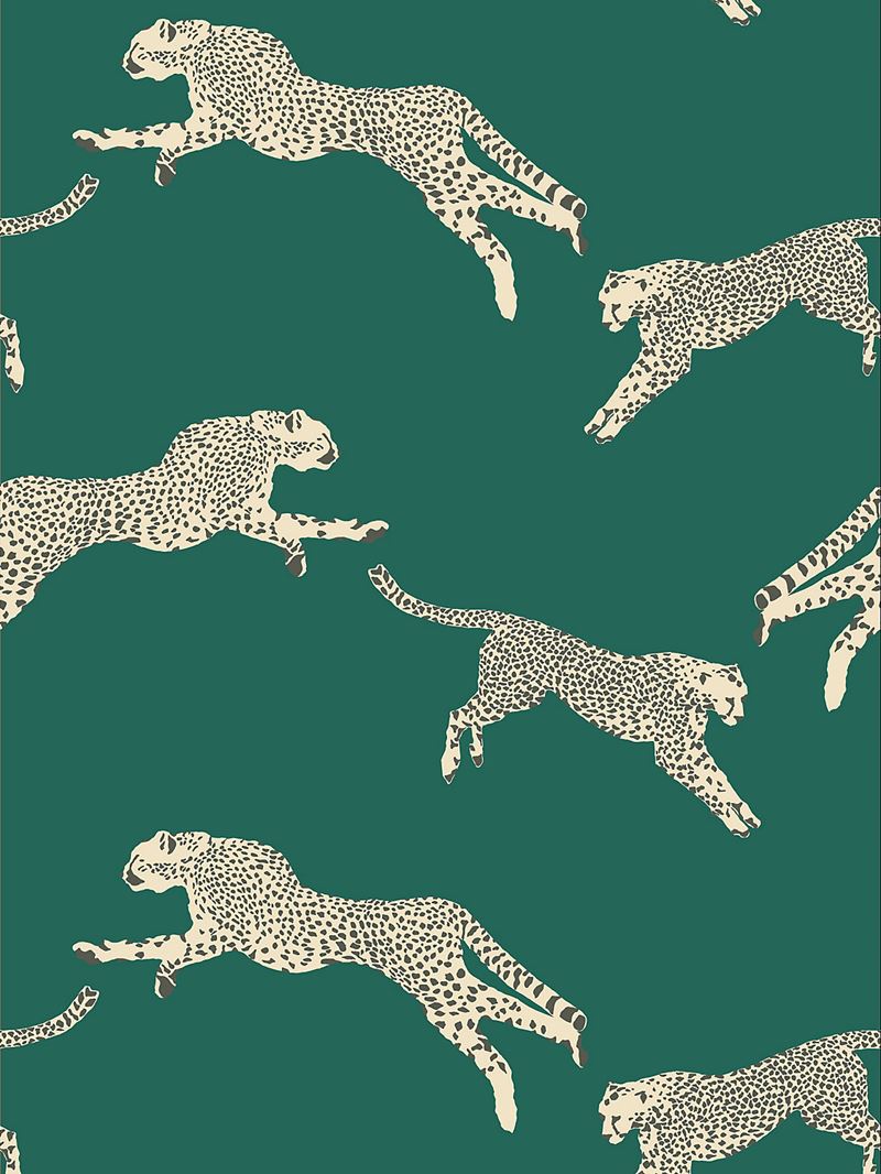 Scalamandre Wallpaper SC 0005WP88449 Leaping Cheetah Evergreen