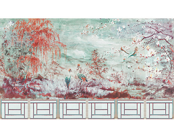 Scalamandre Wallpaper WNMCRES-ET2 Crested Crane Mural -panel Set Turquoise Red