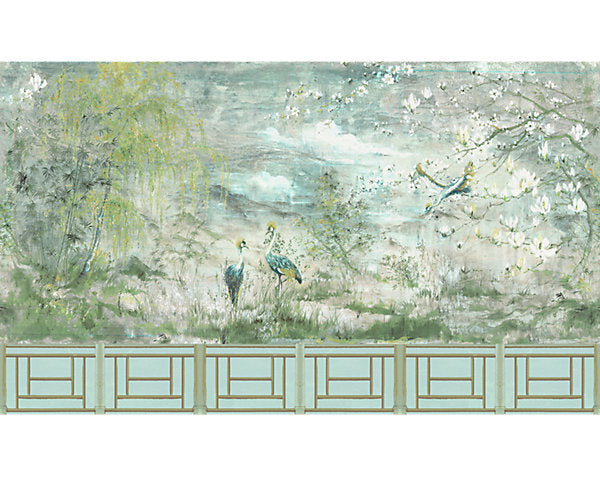 Scalamandre Wallpaper WNMCRES-ET4 Crested Crane Mural -panel Set Green Gold