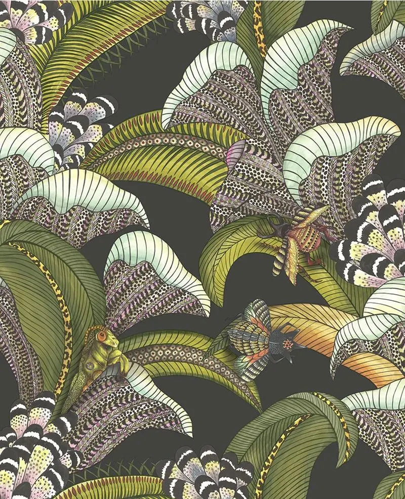 Cole & Son Wallpaper 119/1002.CS Hoopoe Leaves Ol Grn Chart & Fuchsia On Blk