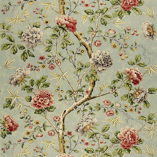 Schumacher Fabric 173421 Mandarin Peony Aquamarine