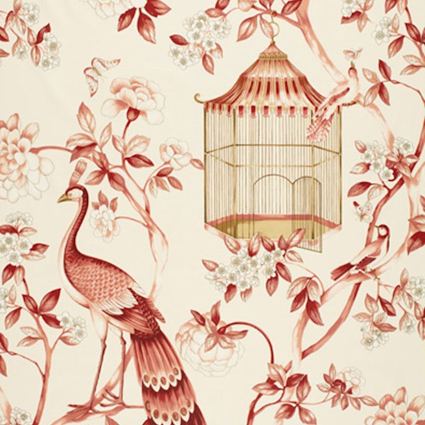 Schumacher Fabric 173442 Oiseaux Et Fleurs Cinnabar