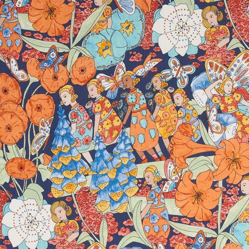 Schumacher Fabric 180141 Fairie Garden Orange and Navy