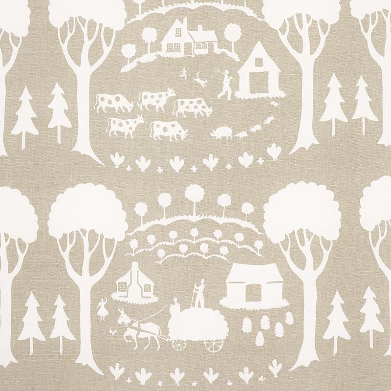 Schumacher Fabric 180882 Farm Scene Neutral