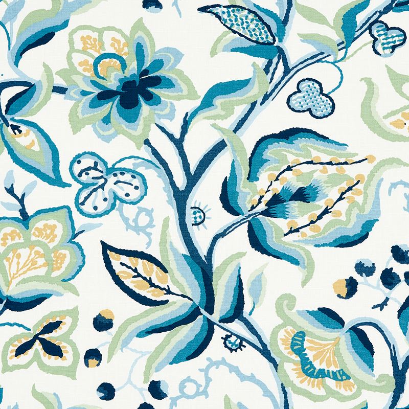 Schumacher Fabric 180970 Alexandra Vine Linen Navy & Leaf