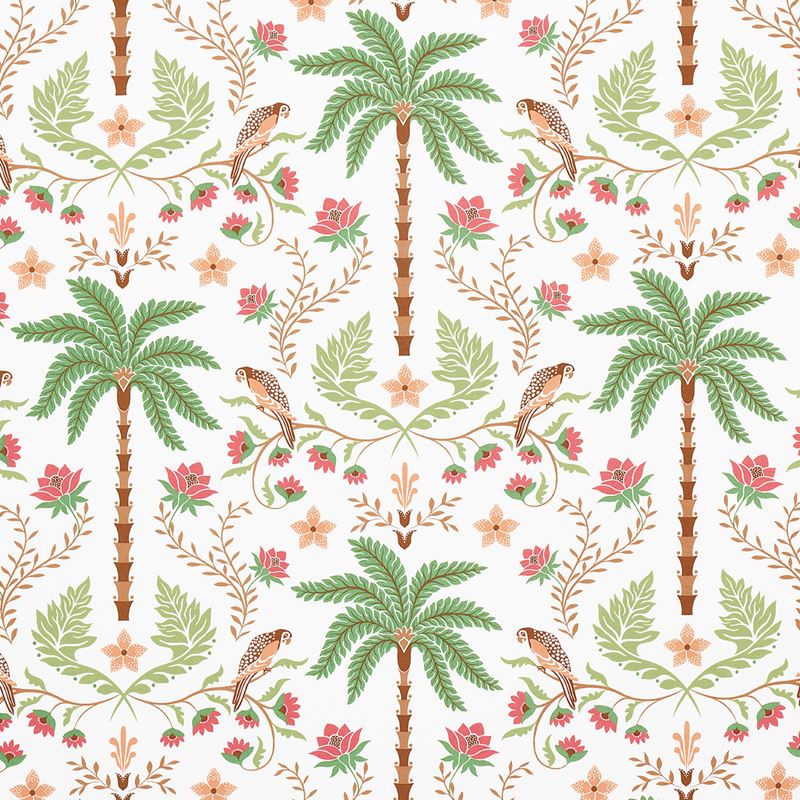 Schumacher Fabric 180981 Island Palm Indoor/Outdoor Coral & Green