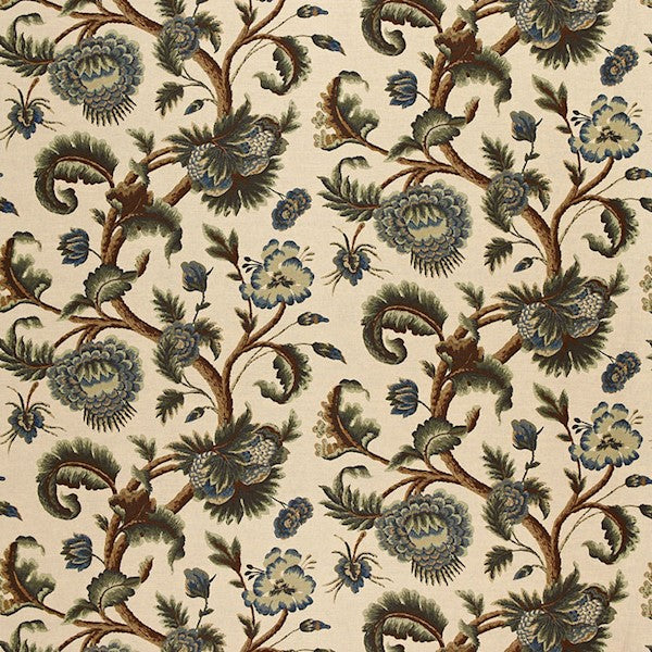 Schumacher Fabric 2639314 Jacobean Printed Crewel Multi Blues Wood Tones