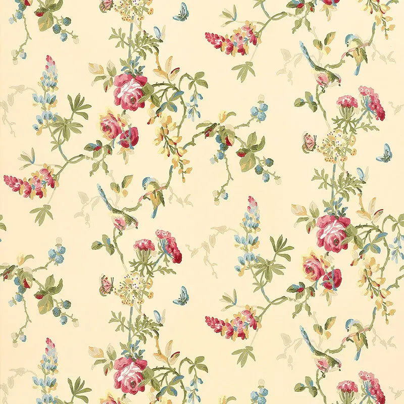 Schumacher Wallpaper 5004361 Chickadee Floral Vanilla