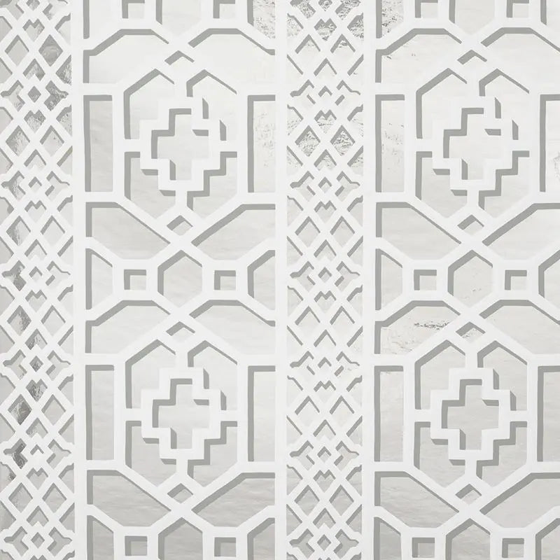 Schumacher Wallpaper 5013641 Zanzibar Trellis Mylar Silver Mylar