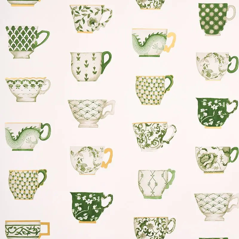 Schumacher Wallpaper 5014781 Onie's Teacups Spring Green