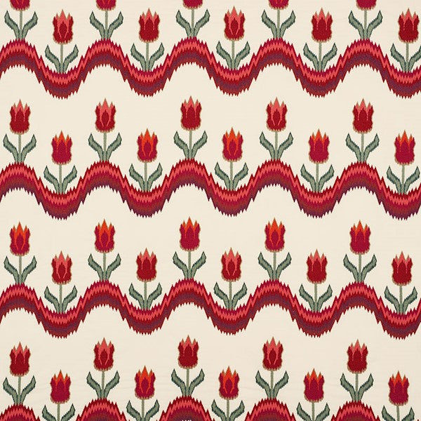 Schumacher Fabric 70271 Tulip Flamestitch Embroidery Vermilion