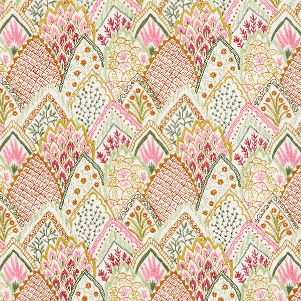 Schumacher Fabric 76312 Albizia Embroidery Pink & Leaf