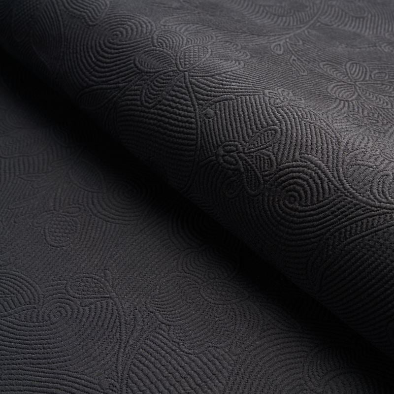 Schumacher Fabric 81591 Quilted Scroll Matelassã‰ Pitch Black