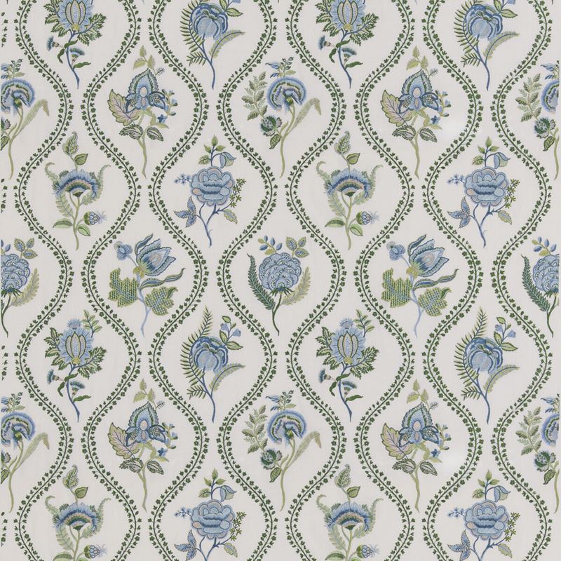 G P & J Baker Fabric BF11025.2 Burford Embroidery Blue/Emerald