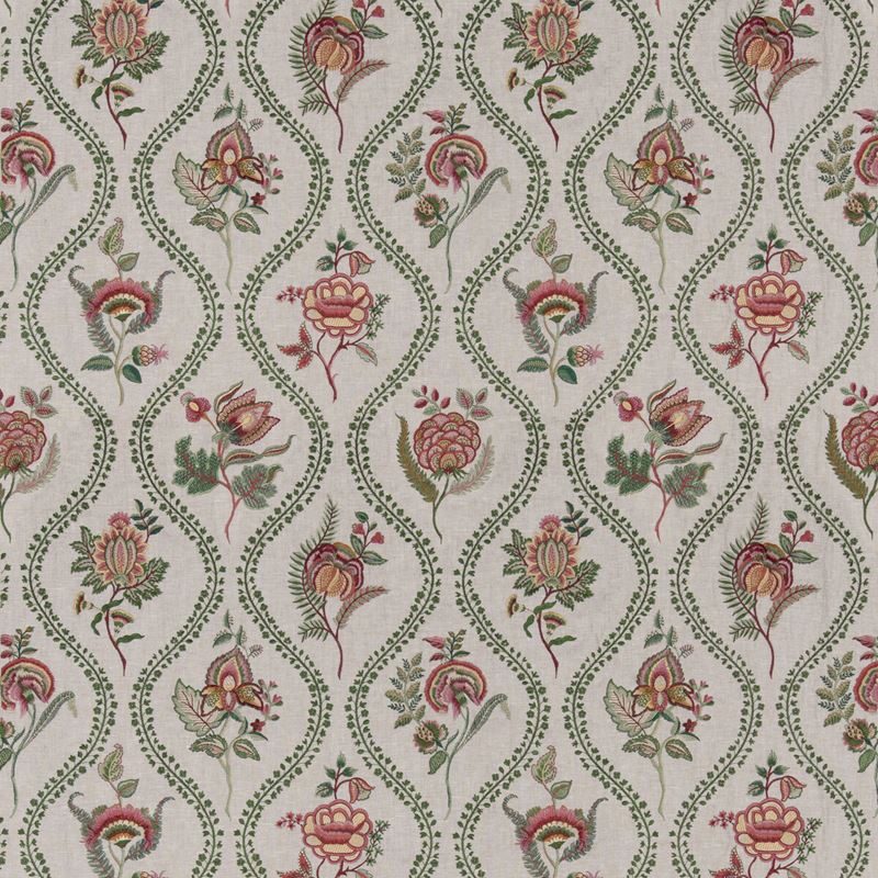 G P & J Baker Fabric BF11025.5 Burford Embroidery Emerald/Red