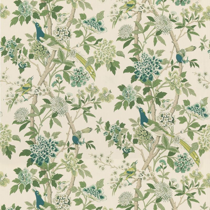 G P & J Baker Fabric BP10851.2 Hydrangea Bird (archive) Green