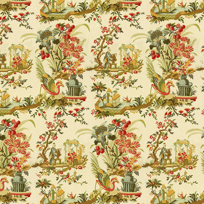 Brunschwig & Fils Fabric BR-71163.A Le Lac Linen Print Teal and Melon On Cream