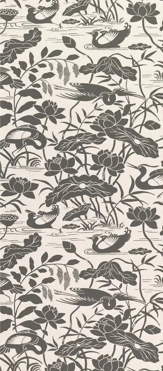 G P & J Baker Wallpaper BW45089.1 Heron & Lotus Flower Black/White