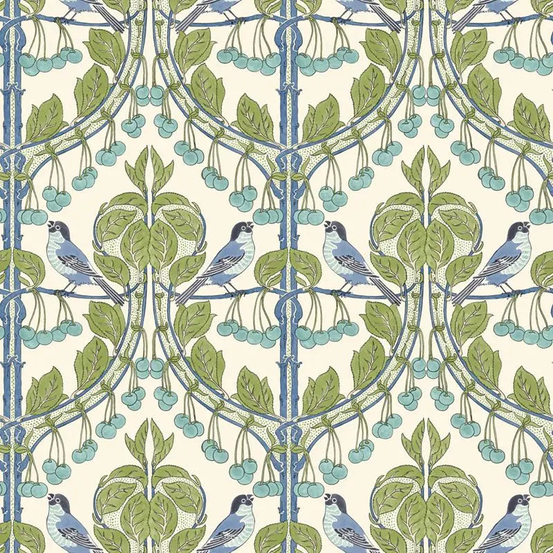 G P & J Baker Wallpaper BW45100.2 Birds & Cherries Green/Blue