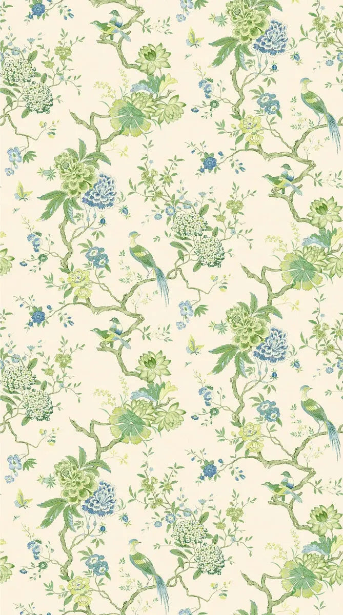 G P & J Baker Wallpaper BW45128.1 Oriental Bird Green/Blue