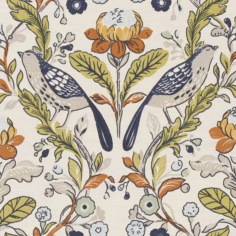 Clarke and Clarke Fabric F1316-1 Orchard Birds Birds Denim/Spice