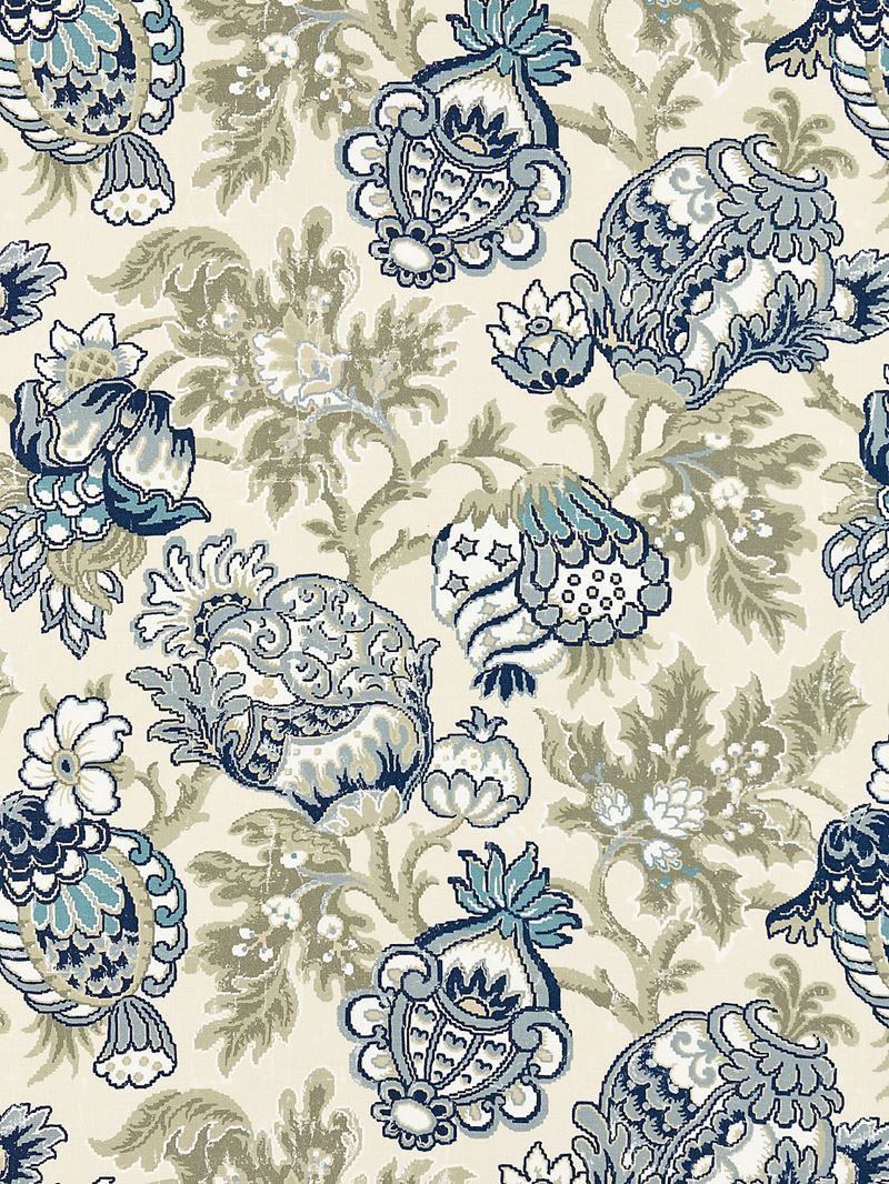 Scalamandre Fabric SC 000116593 Canterbury Linen Print Oyster & Indigo