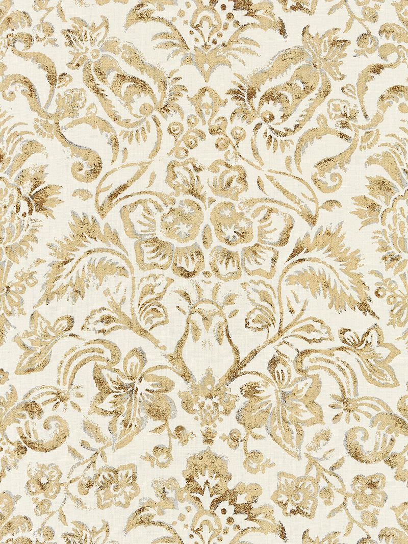 Scalamandre Fabric SC 000116598 Mansfield Damask Print Ivory & Burnished Gold