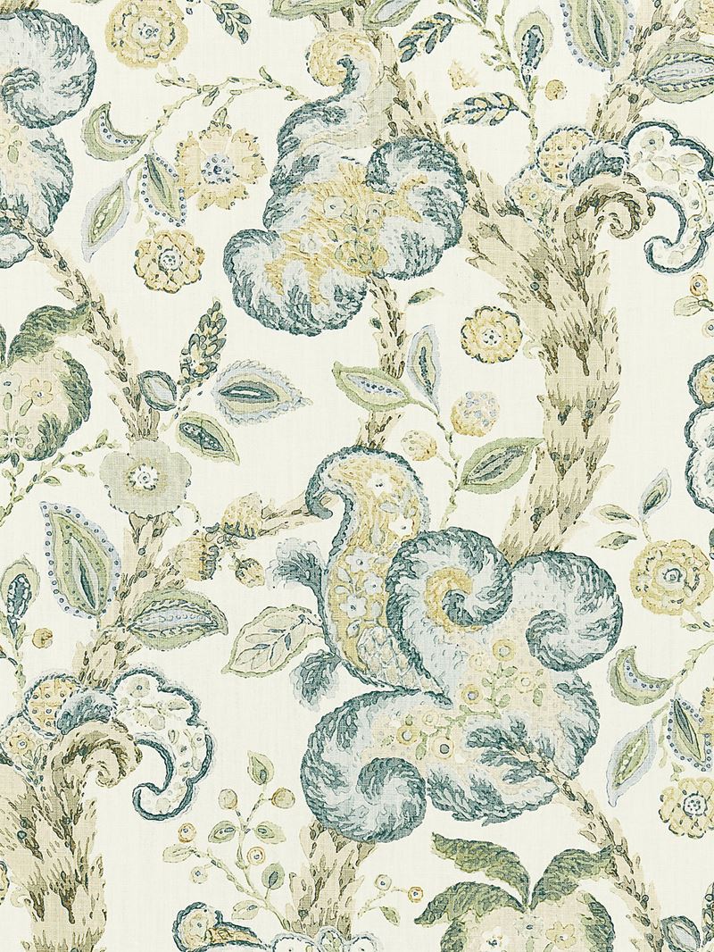 Scalamandre Fabric SC 000116603 Cumbria Hand Block Print Aquamarine On Ivory