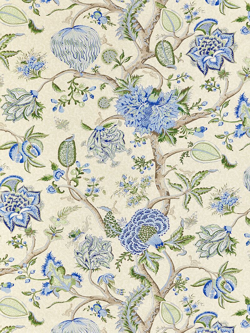 Scalamandre Fabric SC 000316430 Pondicherry Cotton Print Blue Green On Cream