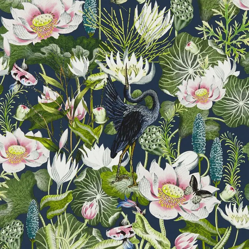 Clarke and Clarke Wallpaper W0137-4 Waterlily Wp Midnight